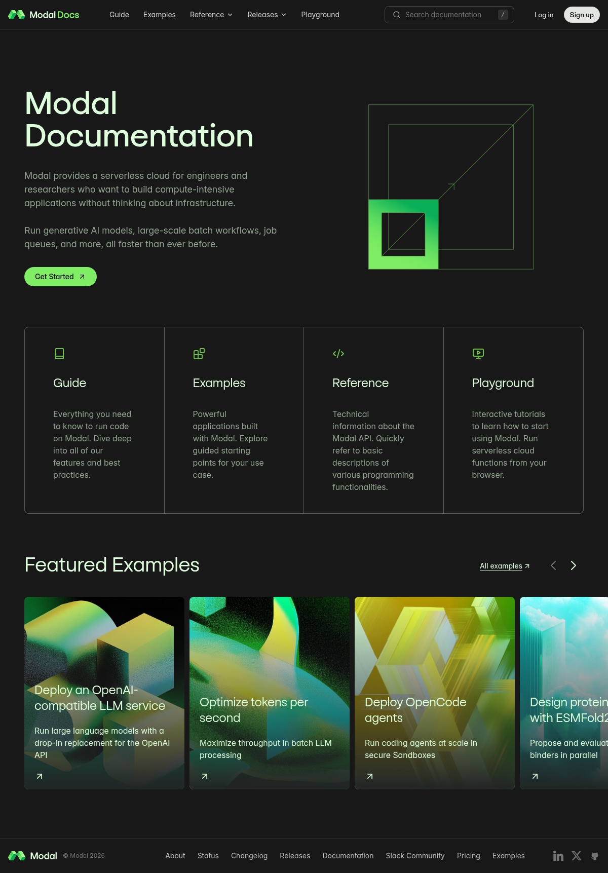 Modal documentation homepage captured 2026-10-14. The numbered notes describe its navigation and starting routes.