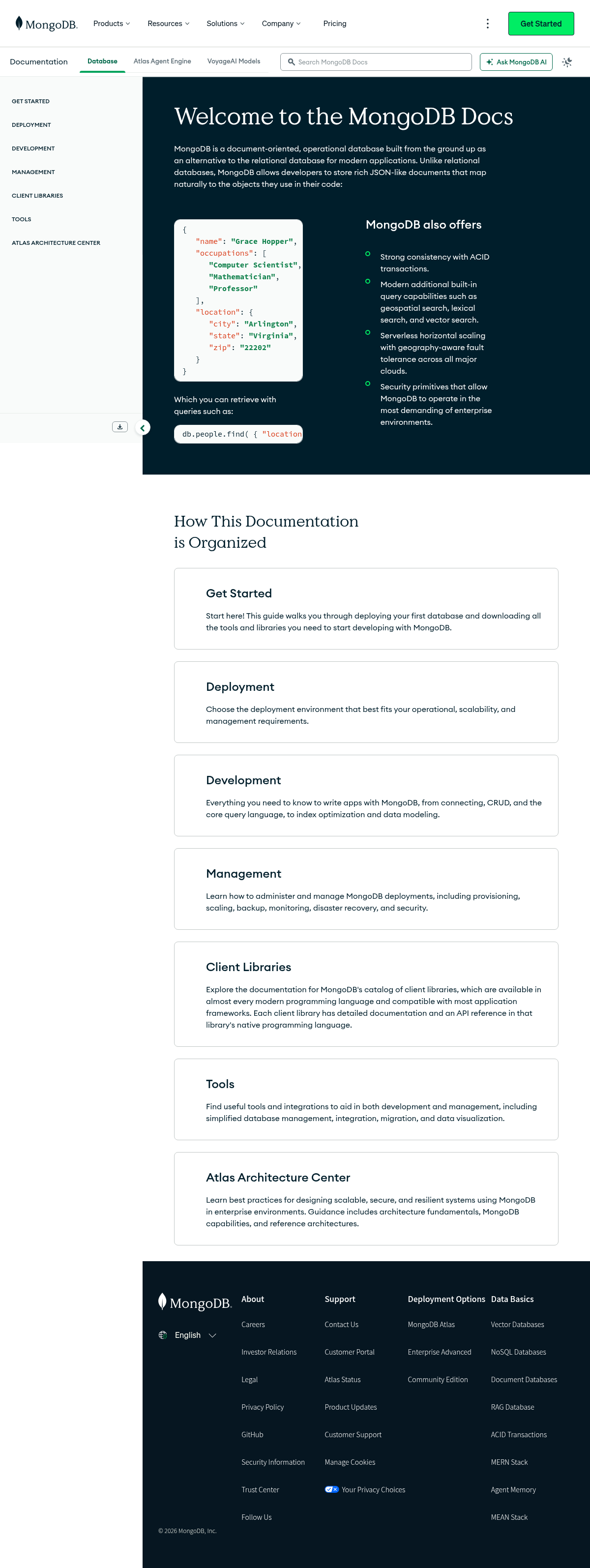 MongoDB documentation homepage captured 2026-10-14. The numbered notes describe its navigation and starting routes.