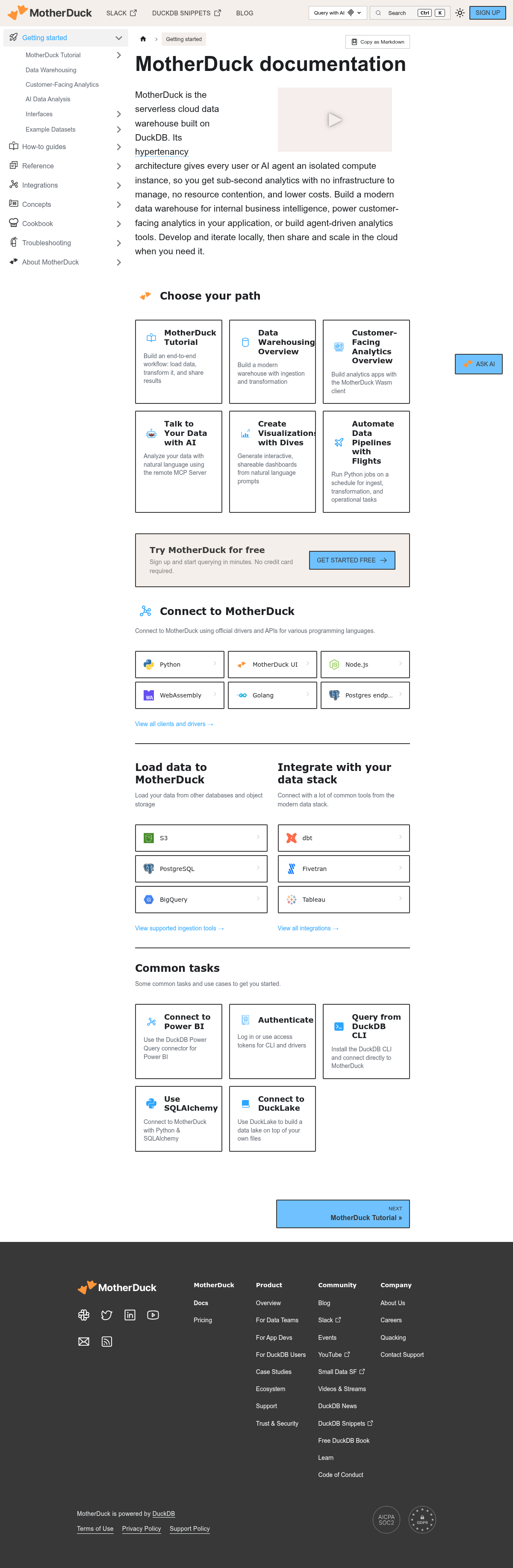 MotherDuck documentation homepage captured 2026-10-14. The numbered notes describe its navigation and starting routes.