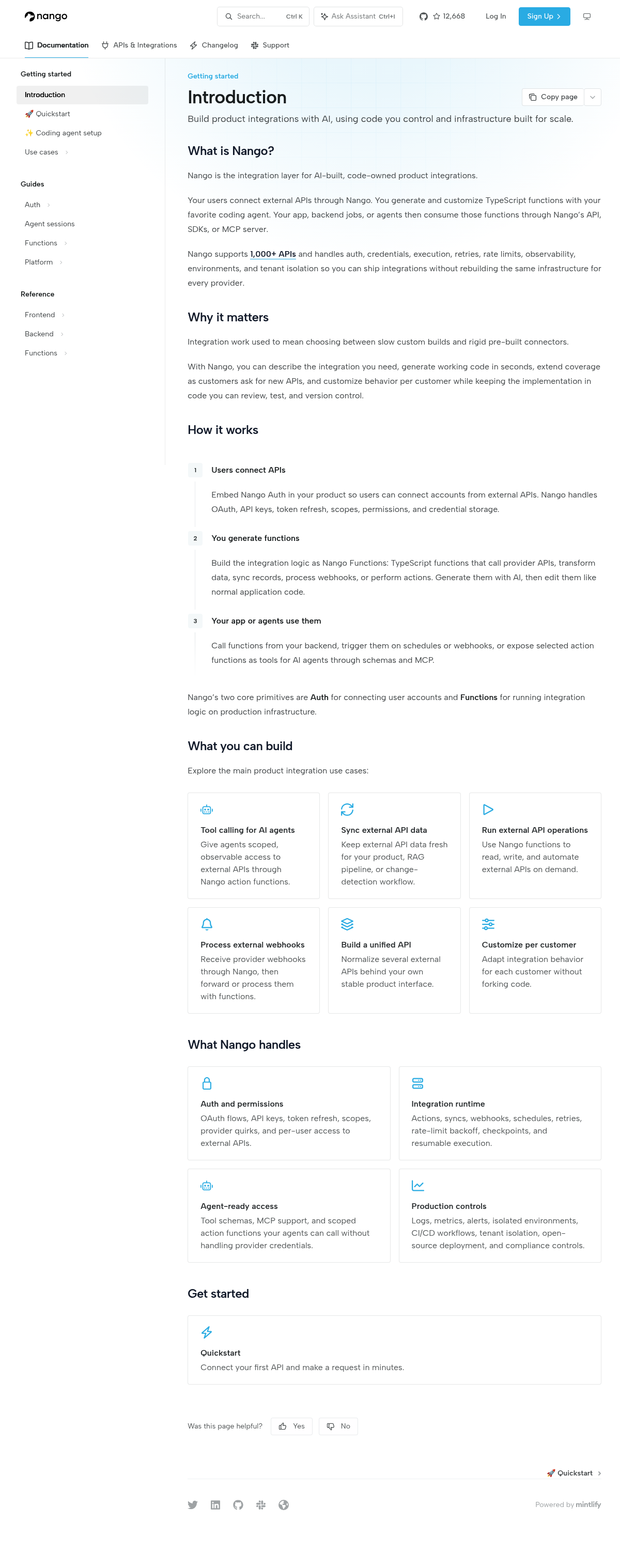 Nango documentation homepage captured 2026-10-14. The numbered notes describe its navigation and starting routes.