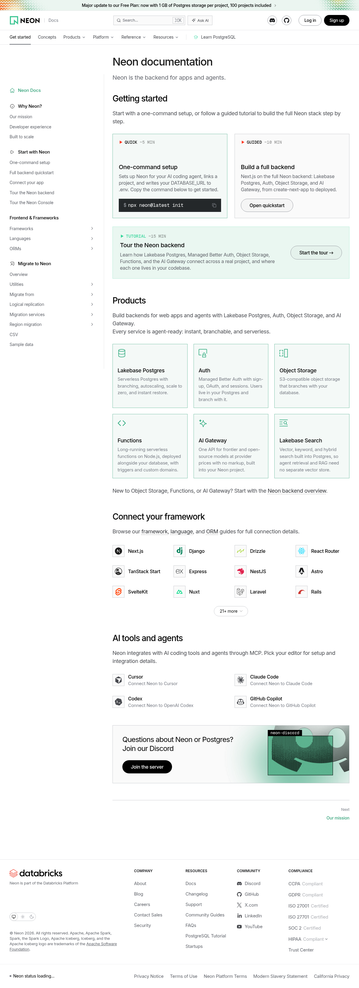 Neon documentation homepage captured 2026-10-14. The numbered notes describe its navigation and starting routes.
