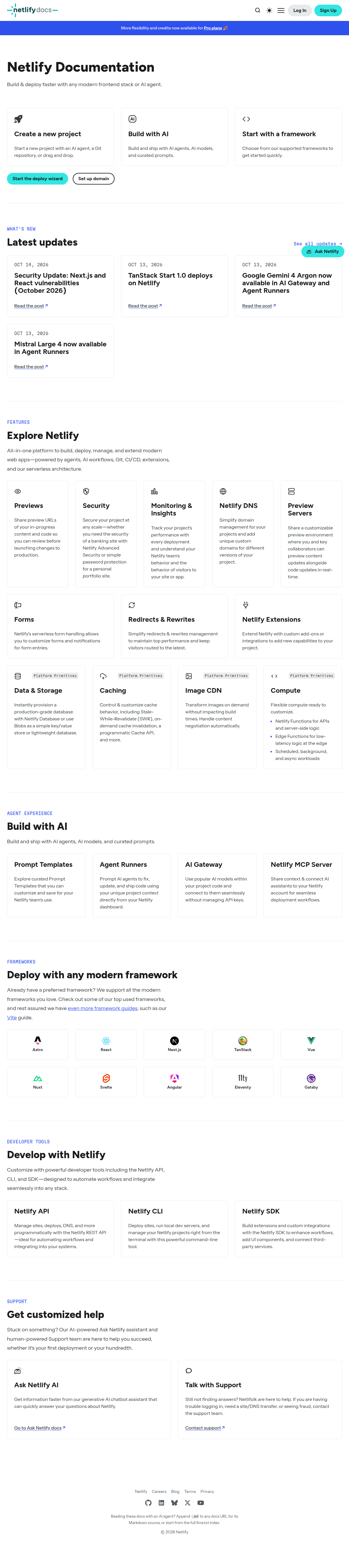 Netlify documentation homepage captured 2026-10-14. The numbered notes describe its navigation and starting routes.
