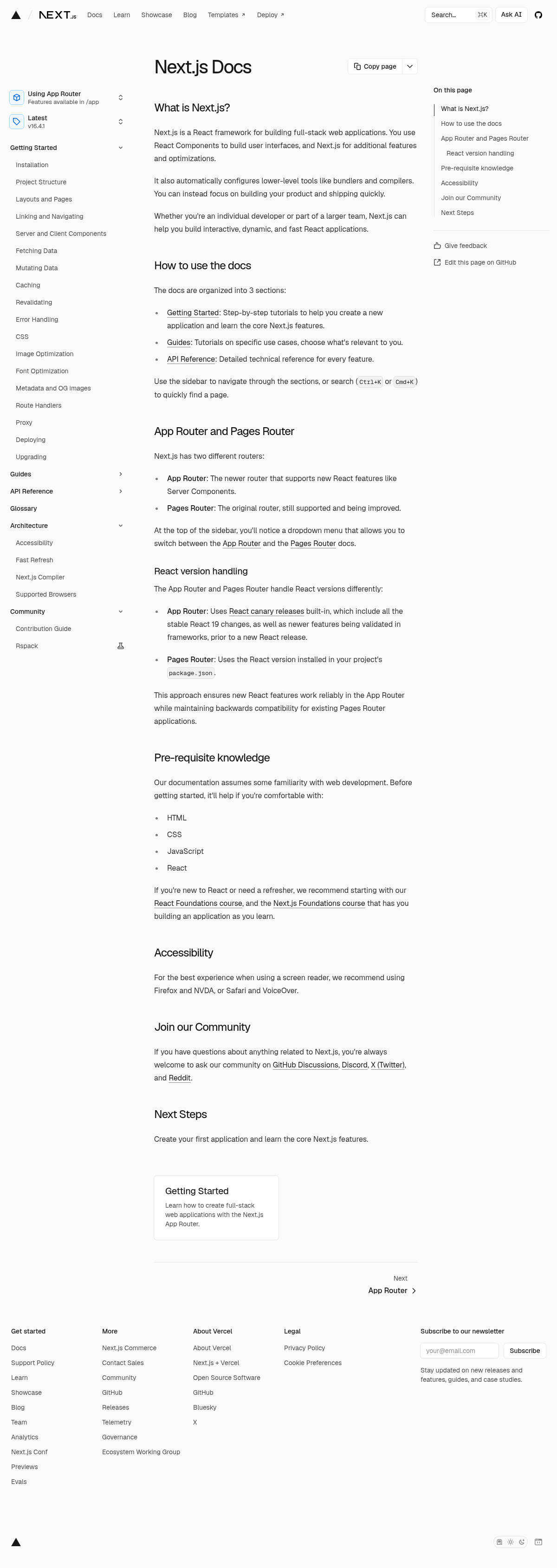 Next.js documentation homepage captured 2026-10-14. The numbered notes describe its navigation and starting routes.
