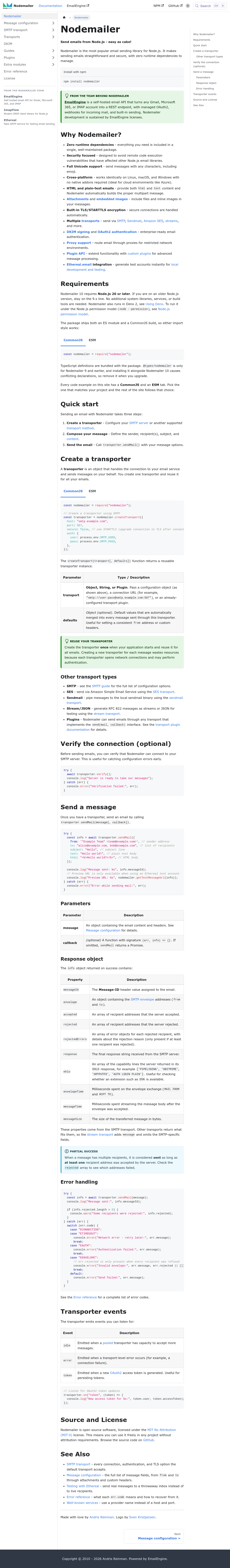 Nodemailer documentation homepage captured 2026-10-14. The numbered notes describe its navigation and starting routes.