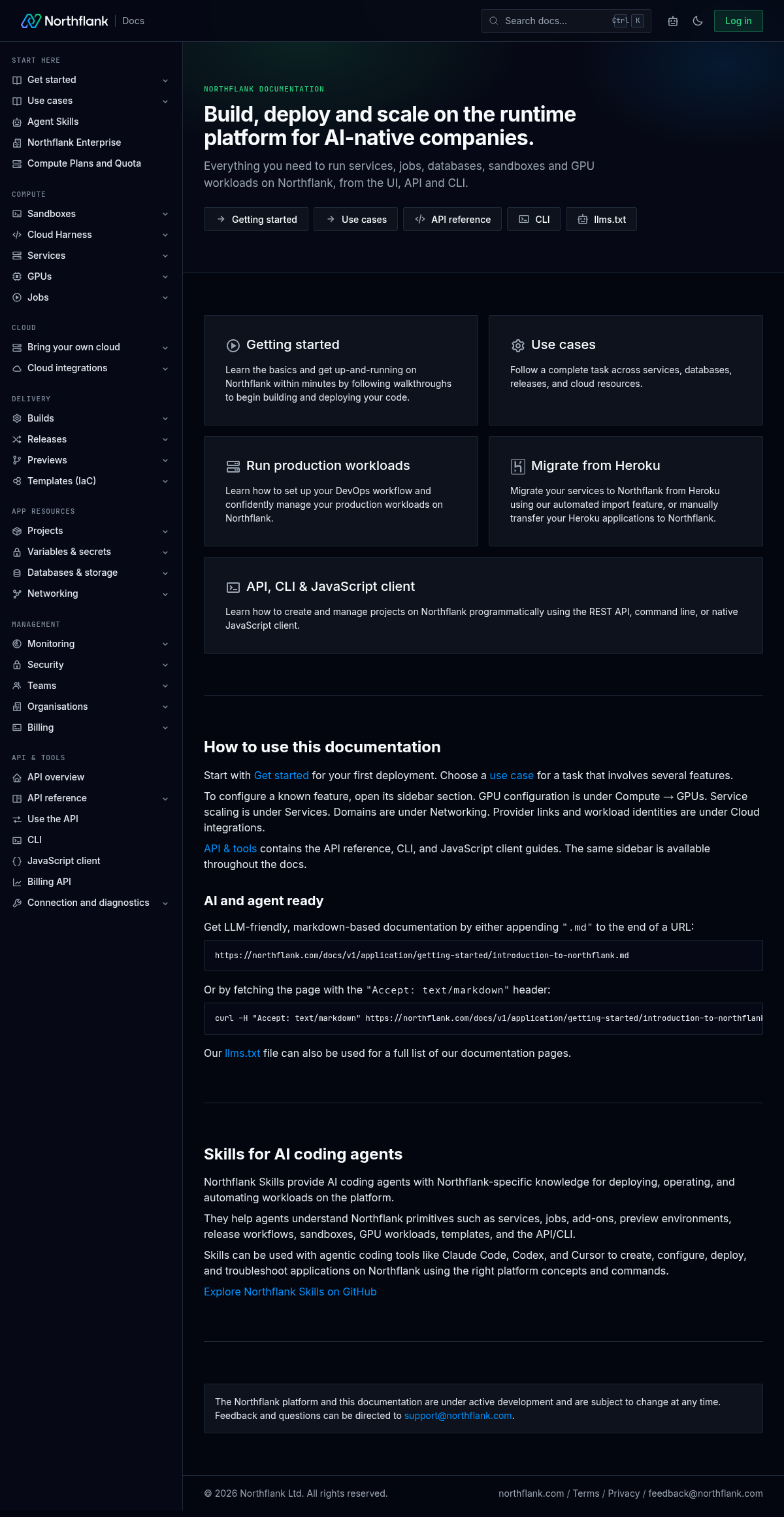 Northflank documentation homepage captured 2026-10-14. The numbered notes describe its navigation and starting routes.