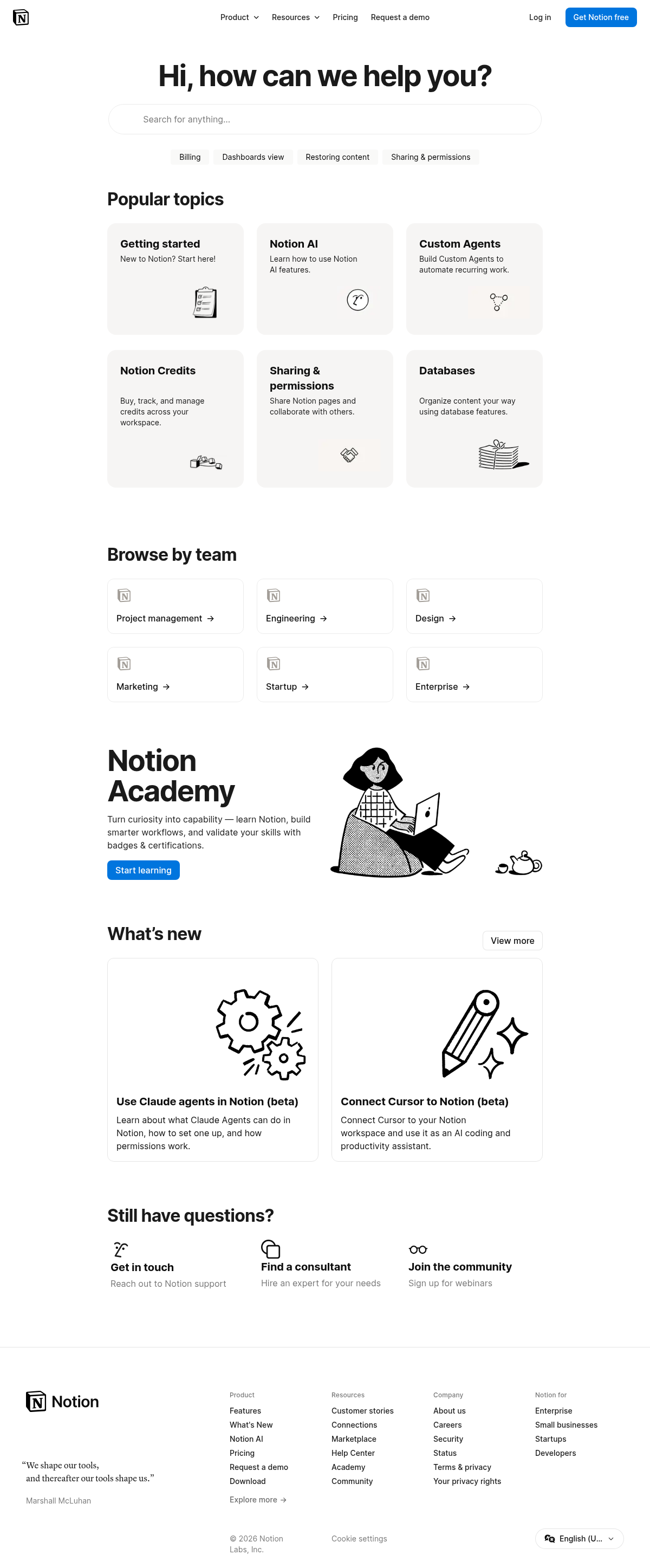 Notion documentation homepage captured 2026-10-14. The numbered notes describe its navigation and starting routes.