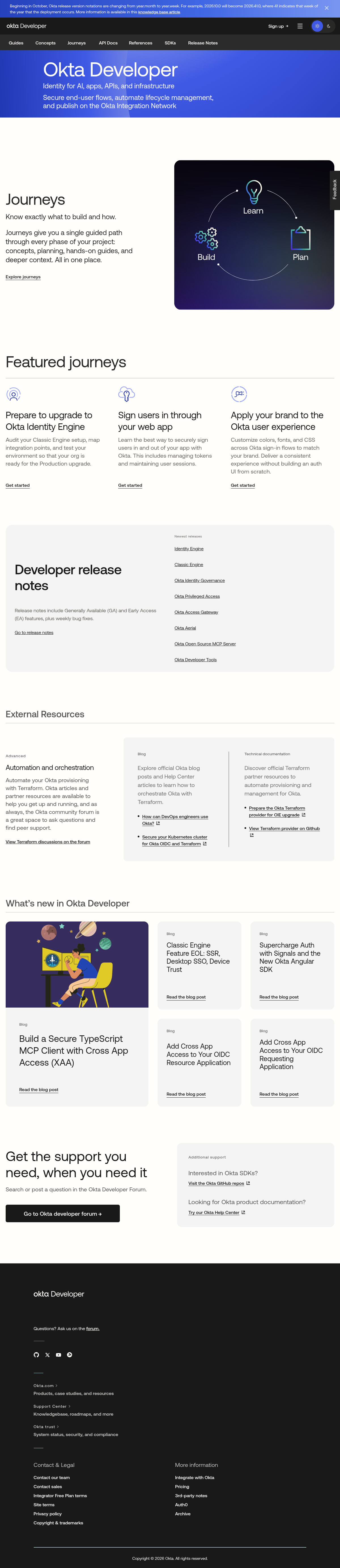 Okta Developer documentation homepage captured 2026-10-14. The numbered notes describe its navigation and starting routes.