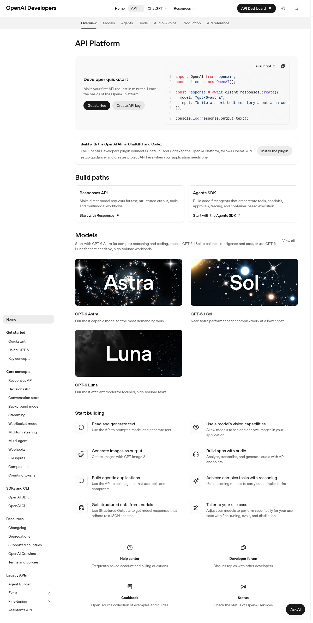 OpenAI API Platform Documentation documentation homepage captured 2026-10-14. The numbered notes describe its navigation and starting routes.