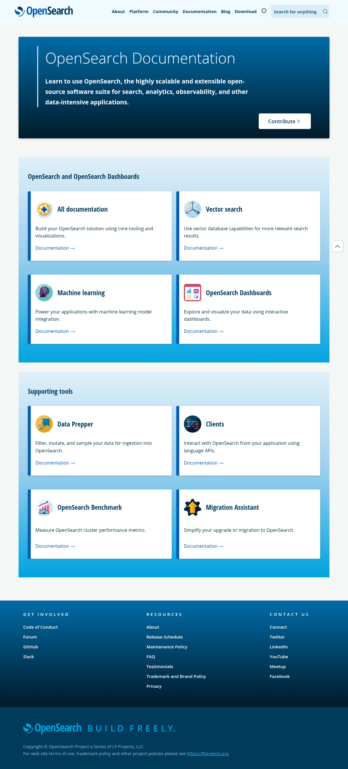 OpenSearch documentation homepage captured 2026-10-14. The numbered notes describe its navigation and starting routes.