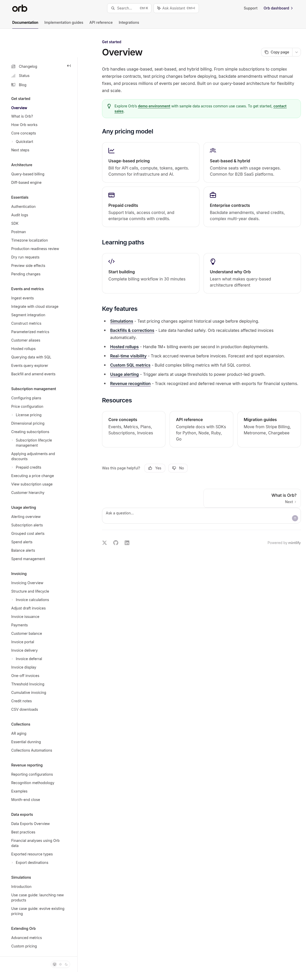 Orb documentation homepage captured 2026-10-14. The numbered notes describe its navigation and starting routes.