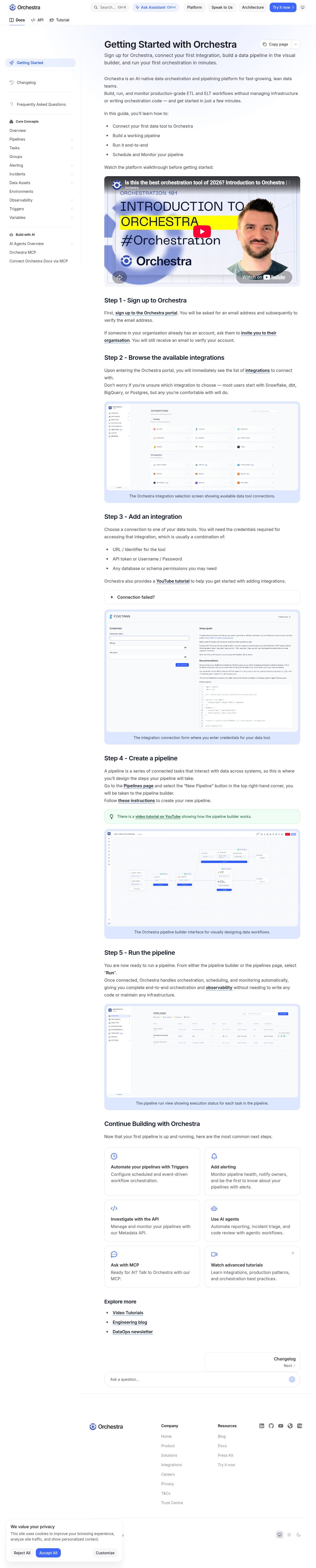 Orchestra documentation homepage captured 2026-10-14. The numbered notes describe its navigation and starting routes.