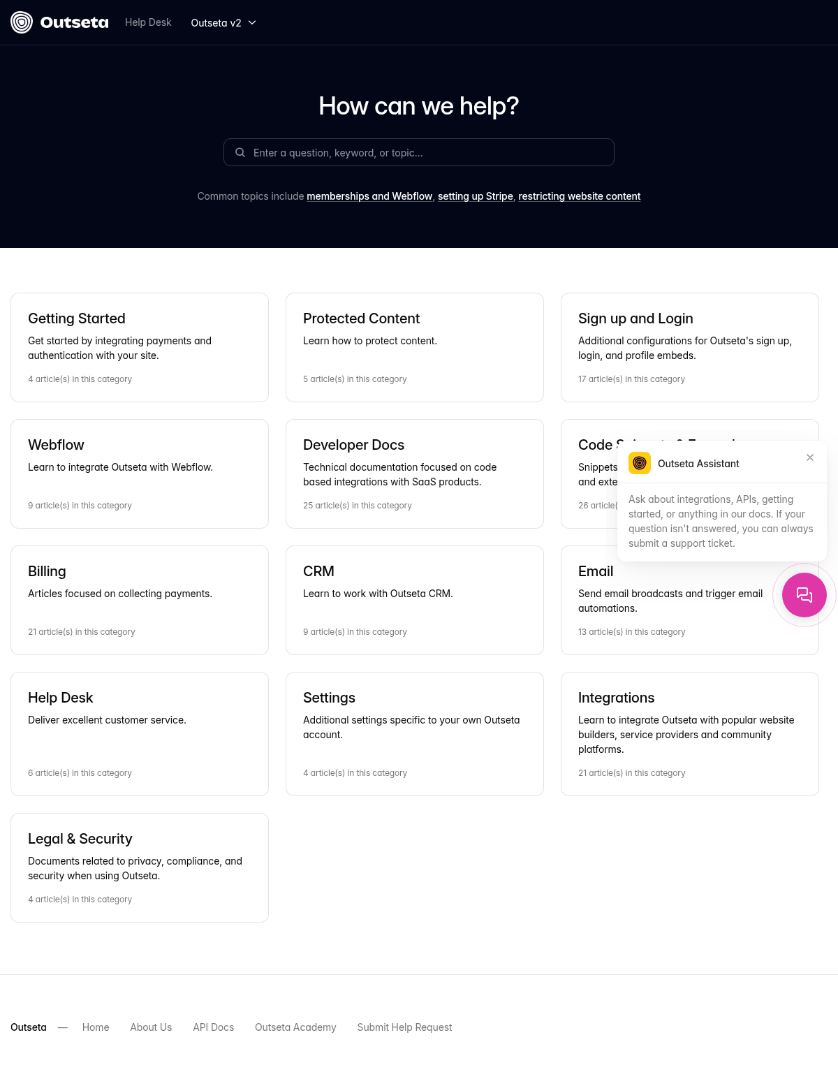 Outseta documentation homepage captured 2026-10-14. The numbered notes describe its navigation and starting routes.