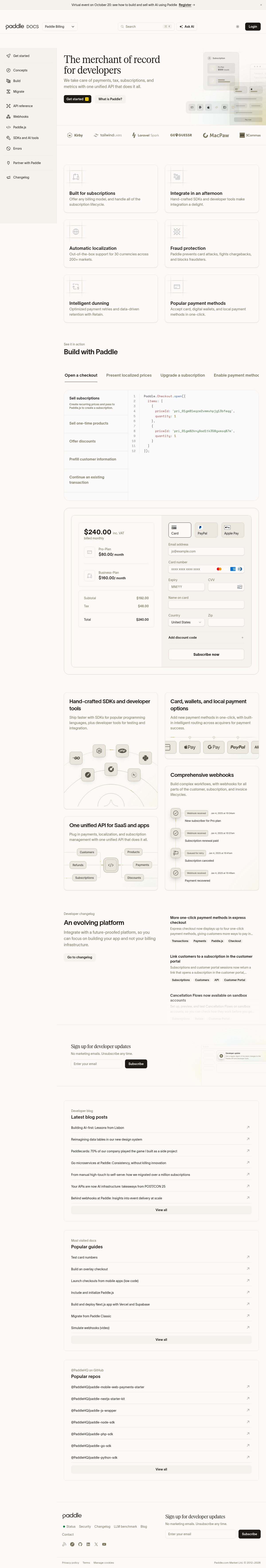 Paddle documentation homepage captured 2026-10-14. The numbered notes describe its navigation and starting routes.