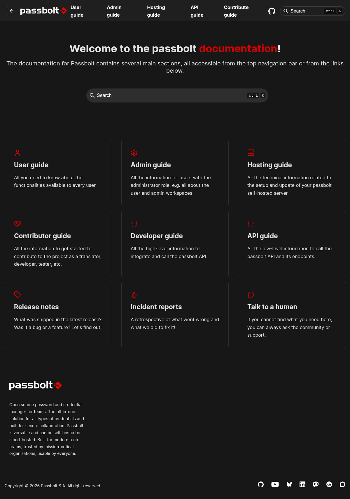 Passbolt documentation homepage captured 2026-10-14. The numbered notes describe its navigation and starting routes.