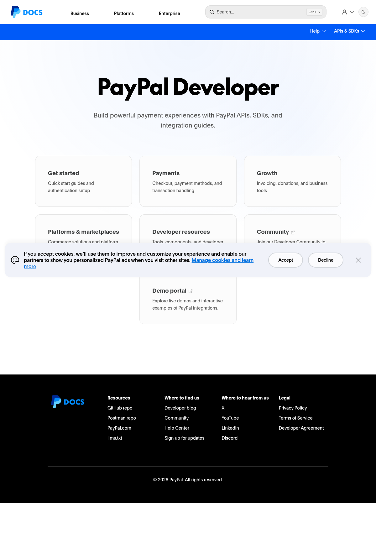 PayPal Developer documentation homepage captured 2026-10-14. The numbered notes describe its navigation and starting routes.