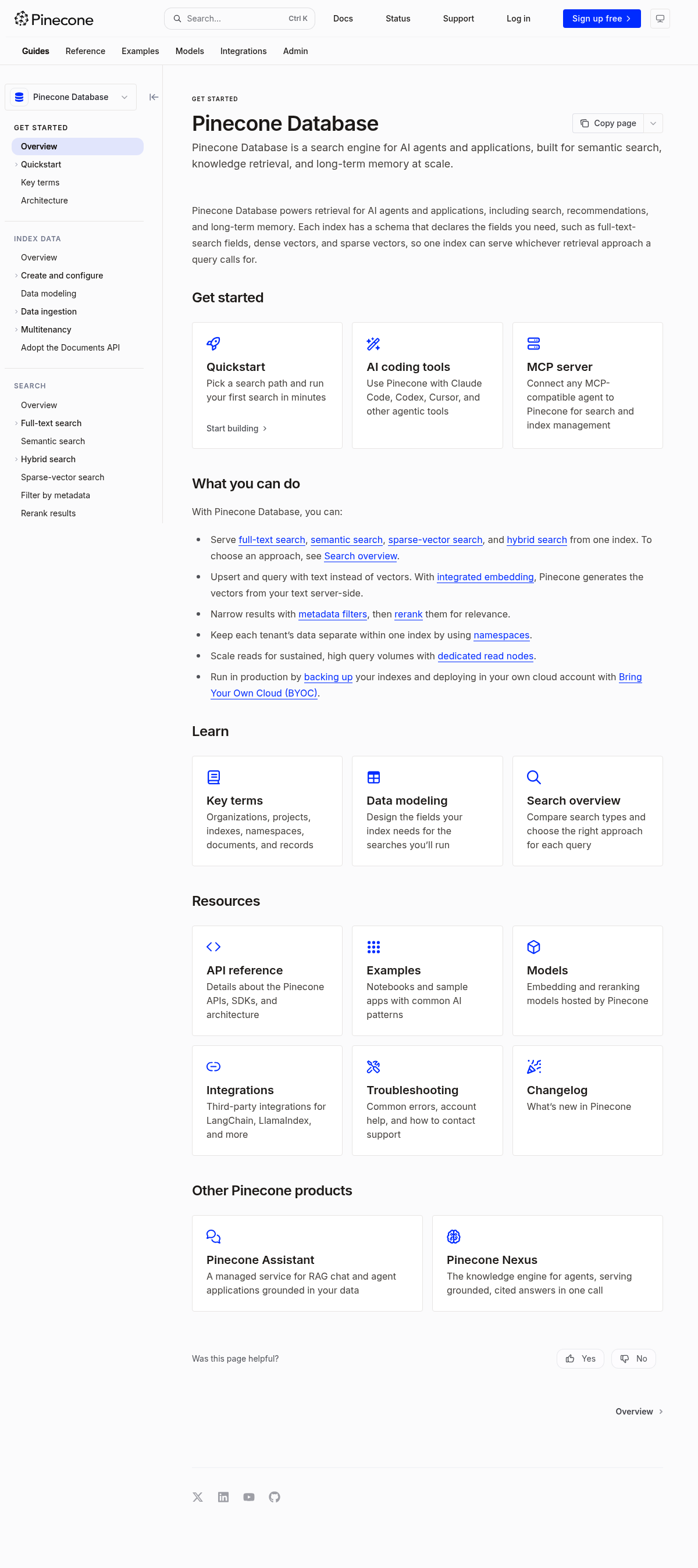 Pinecone documentation homepage captured 2026-10-14. The numbered notes describe its navigation and starting routes.