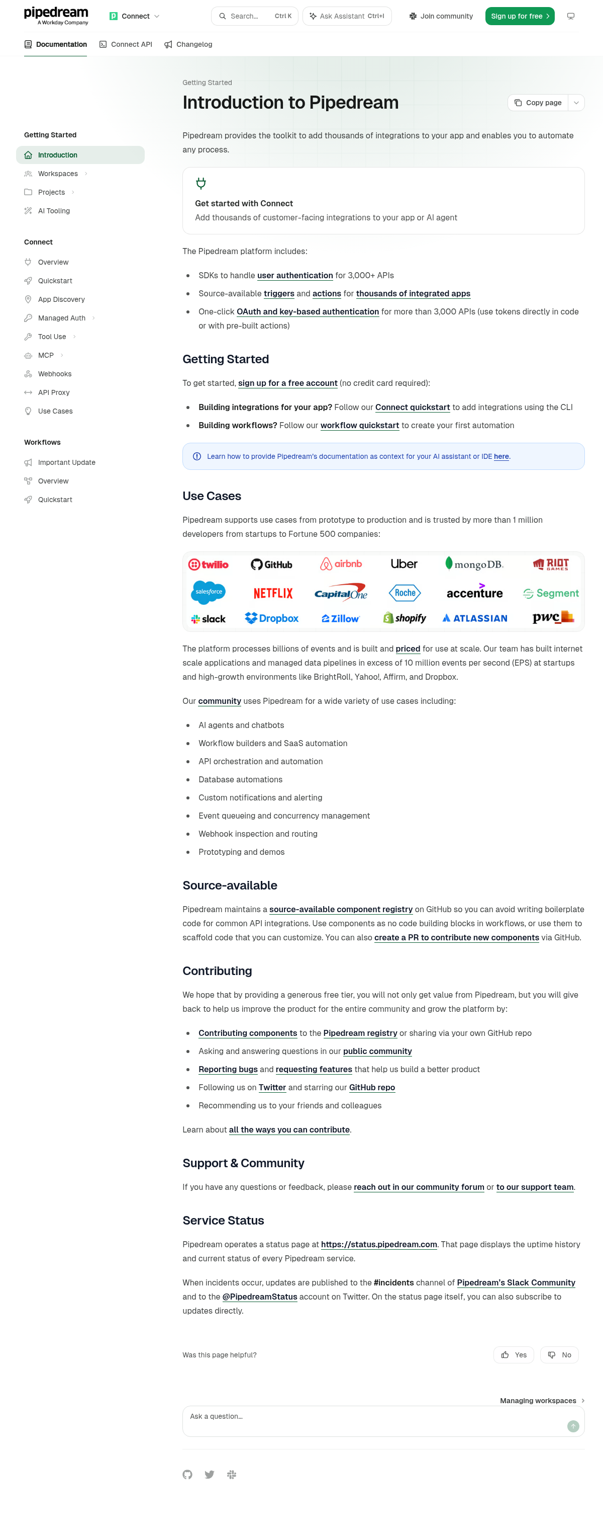 Pipedream documentation homepage captured 2026-10-14. The numbered notes describe its navigation and starting routes.