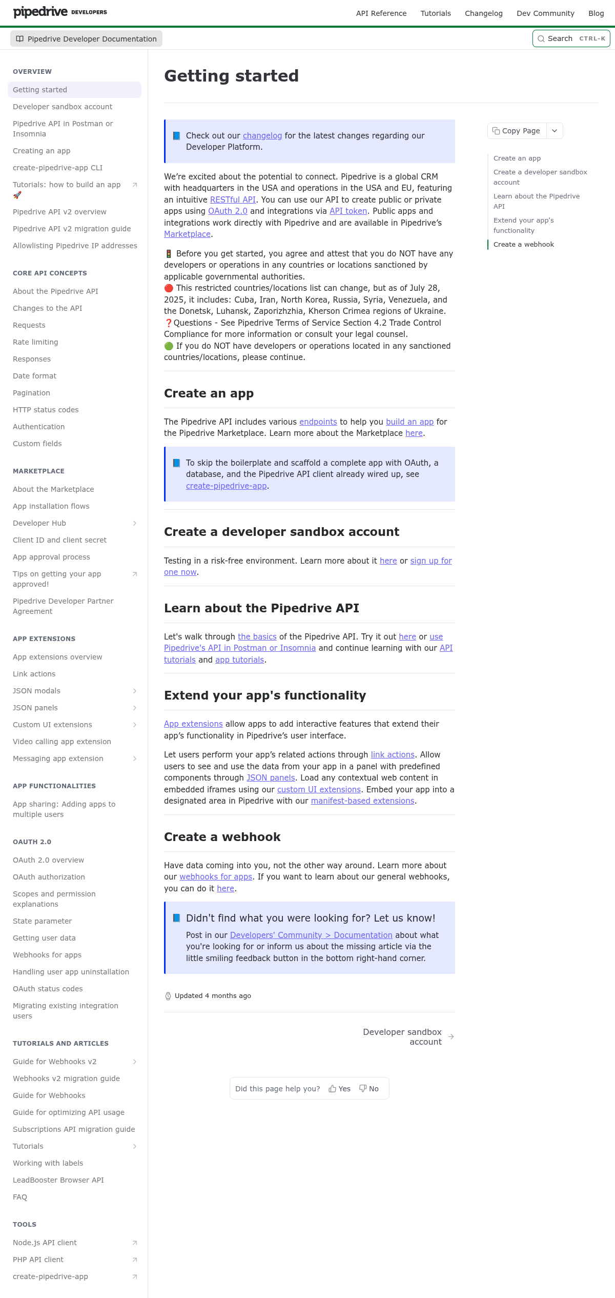 Pipedrive documentation homepage captured 2026-10-14. The numbered notes describe its navigation and starting routes.