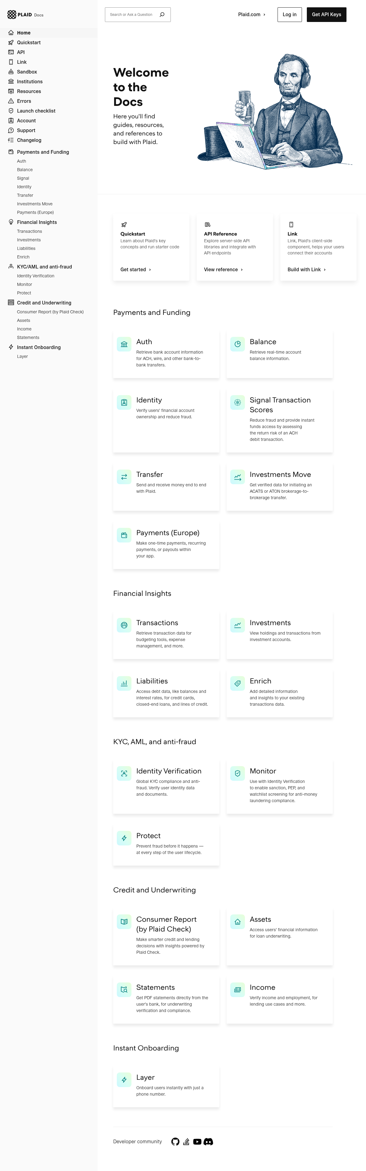 Plaid documentation homepage captured 2026-10-14. The numbered notes describe its navigation and starting routes.