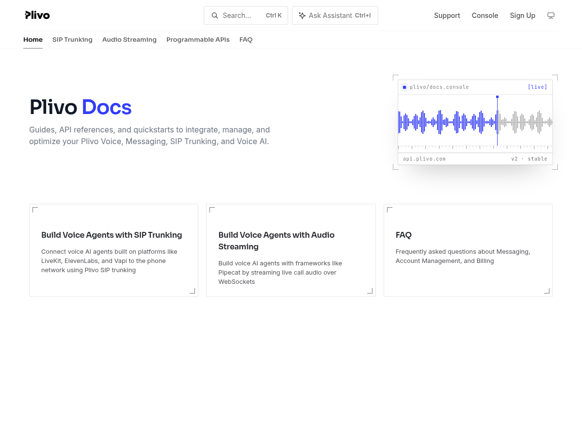 Plivo documentation homepage captured 2026-10-14. The numbered notes describe its navigation and starting routes.