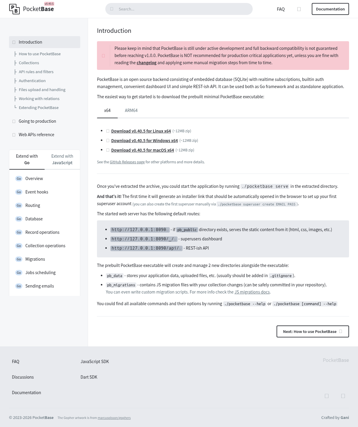 PocketBase documentation homepage captured 2026-10-14. The numbered notes describe its navigation and starting routes.