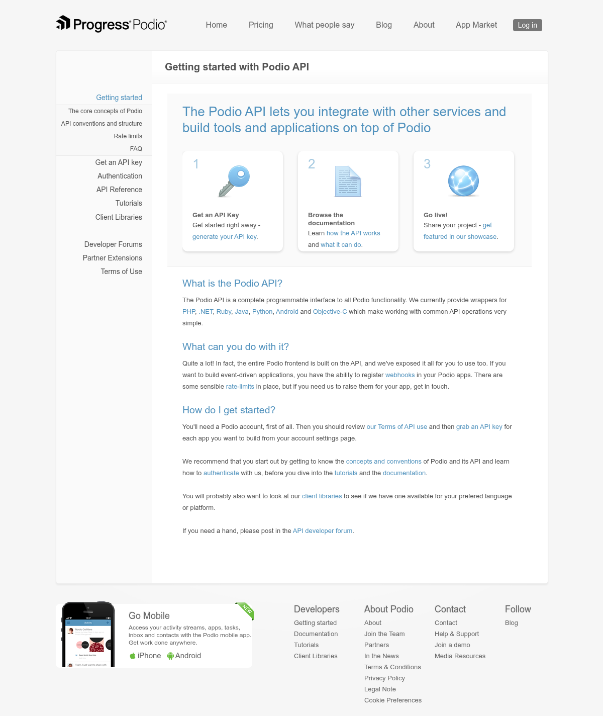Podio API documentation homepage captured 2026-10-14. The numbered notes describe its navigation and starting routes.