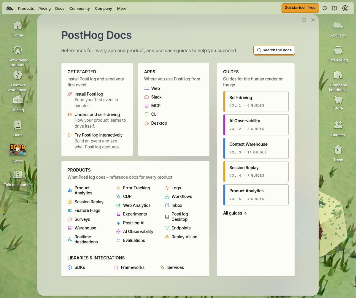PostHog documentation homepage captured 2026-10-14. The numbered notes describe its navigation and starting routes.