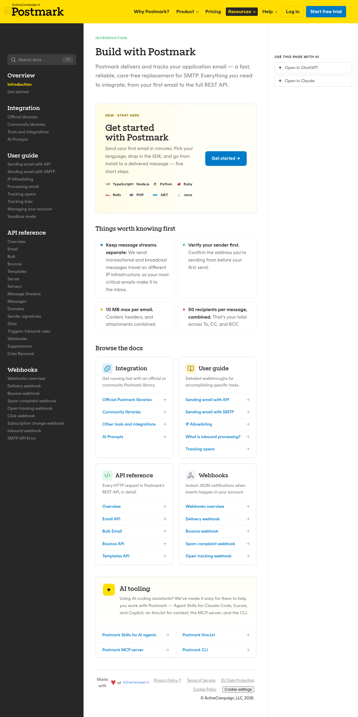Postmark documentation homepage captured 2026-10-14. The numbered notes describe its navigation and starting routes.