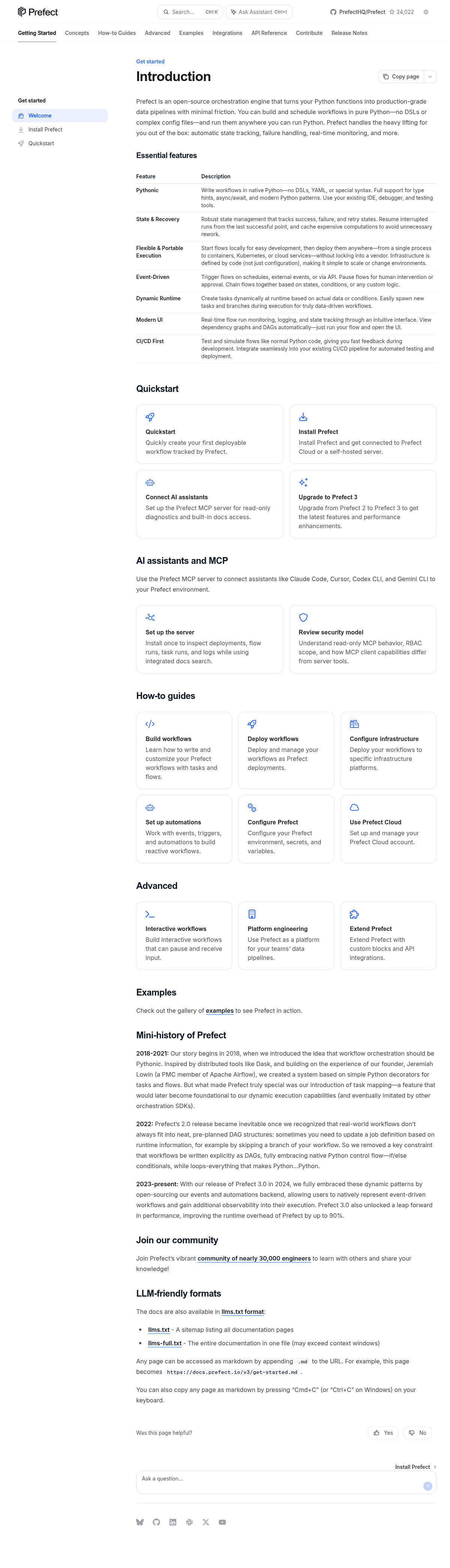 Prefect documentation homepage captured 2026-10-14. The numbered notes describe its navigation and starting routes.