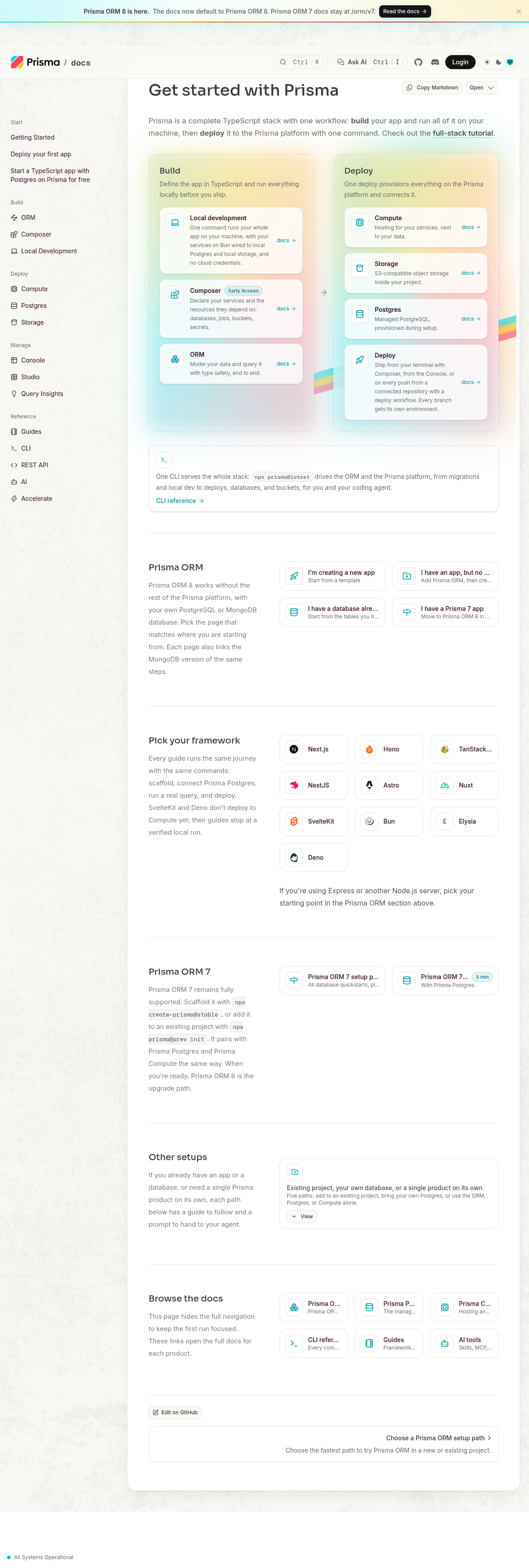 Prisma documentation homepage captured 2026-10-14. The numbered notes describe its navigation and starting routes.
