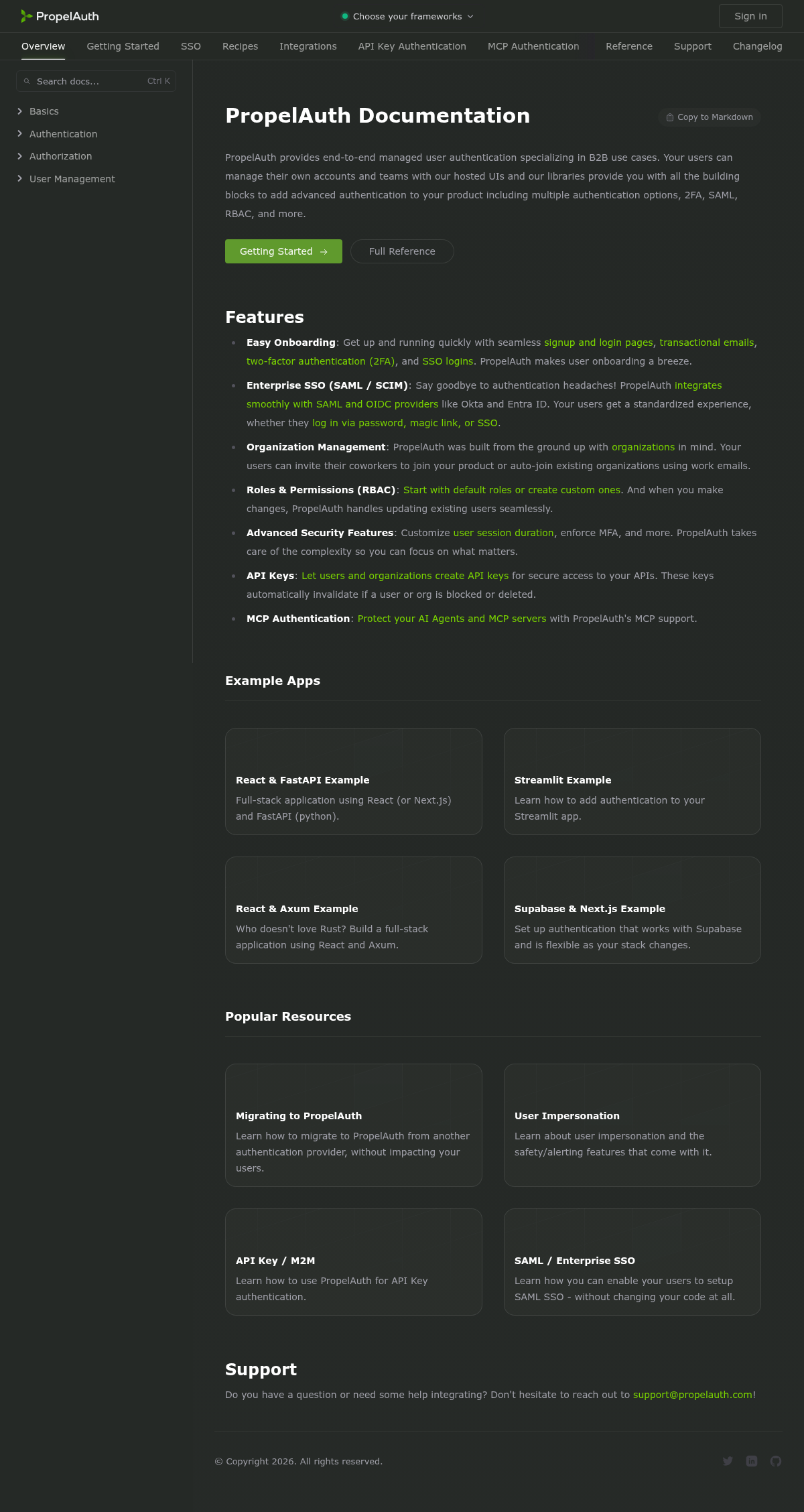 PropelAuth documentation homepage captured 2026-10-14. The numbered notes describe its navigation and starting routes.