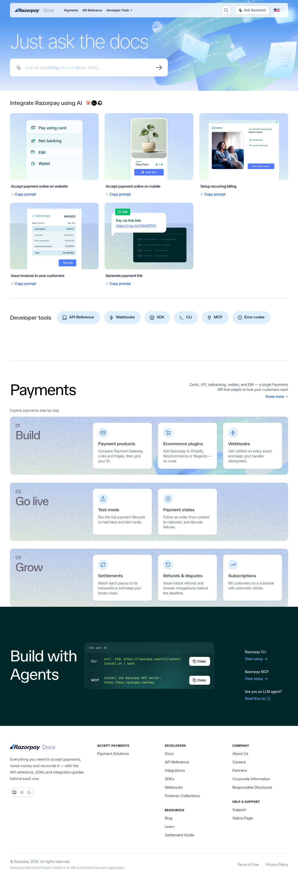 Razorpay documentation homepage captured 2026-10-14. The numbered notes describe its navigation and starting routes.