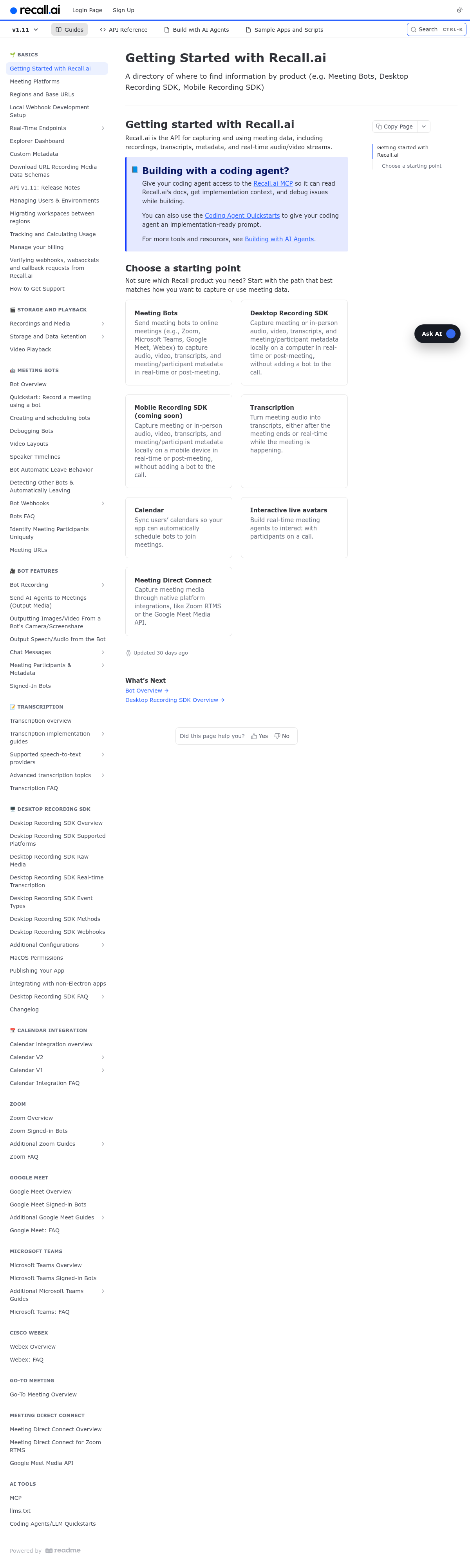 Recall.ai documentation homepage captured 2026-10-14. The numbered notes describe its navigation and starting routes.