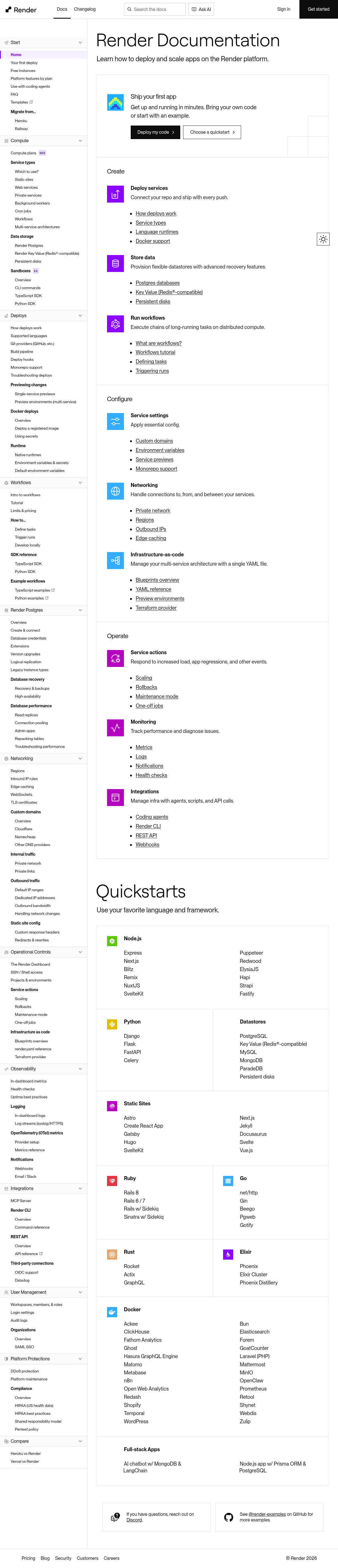 Render documentation homepage captured 2026-10-14. The numbered notes describe its navigation and starting routes.