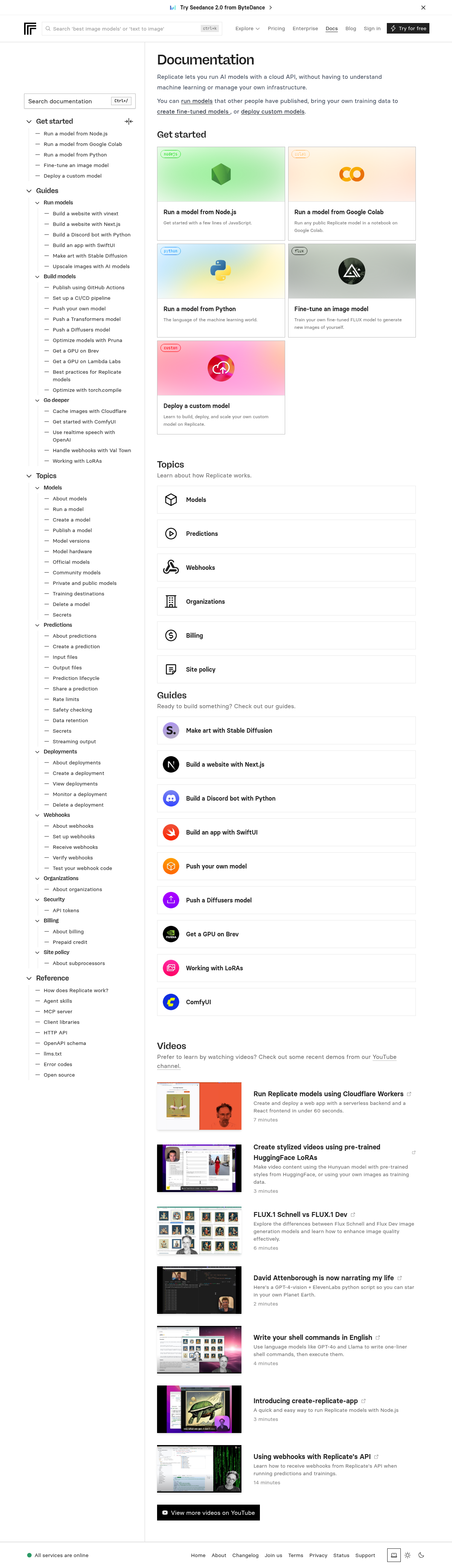 Replicate documentation homepage captured 2026-10-14. The numbered notes describe its navigation and starting routes.