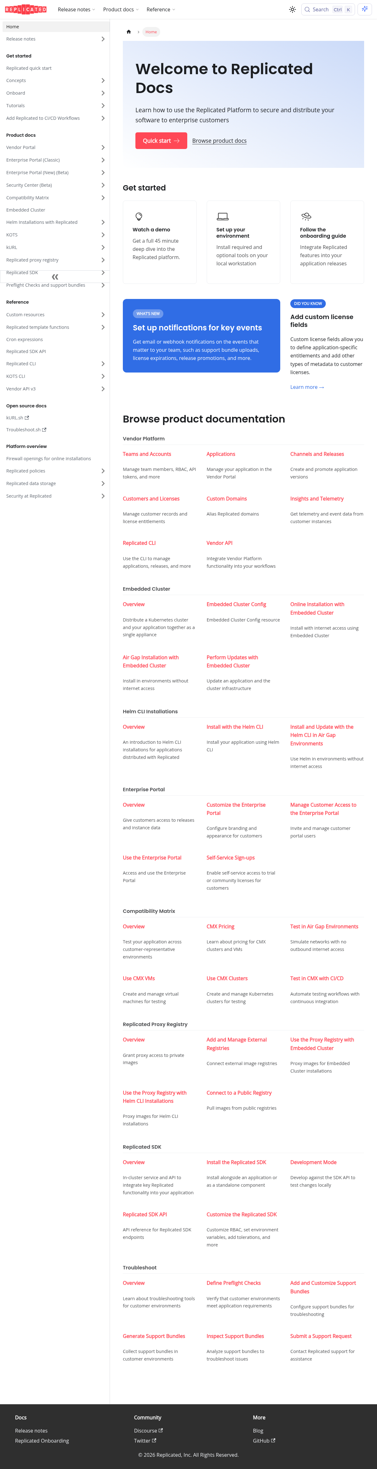 Replicated documentation homepage captured 2026-10-14. The numbered notes describe its navigation and starting routes.
