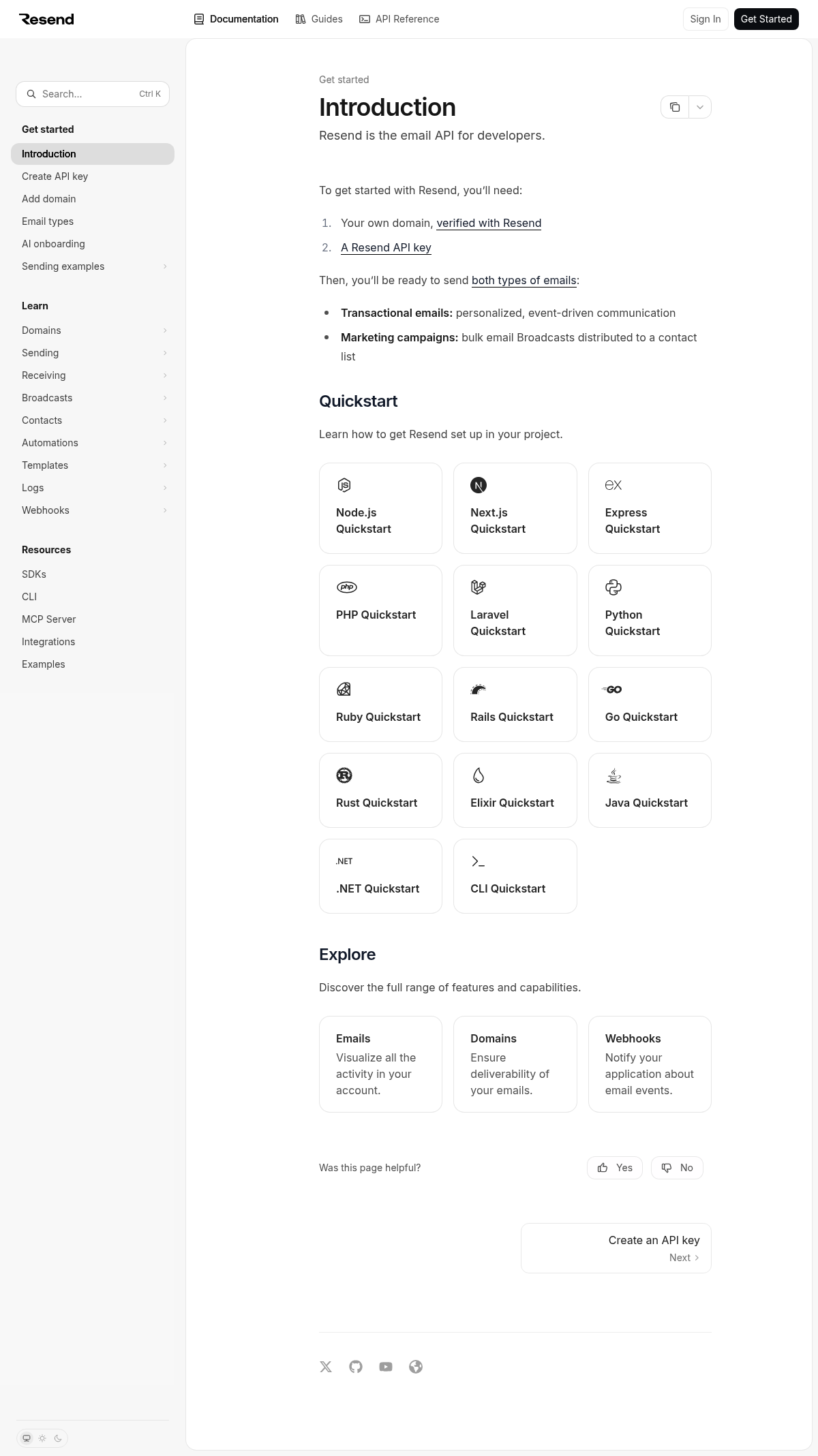 Resend documentation homepage captured 2026-10-14. The numbered notes describe its navigation and starting routes.
