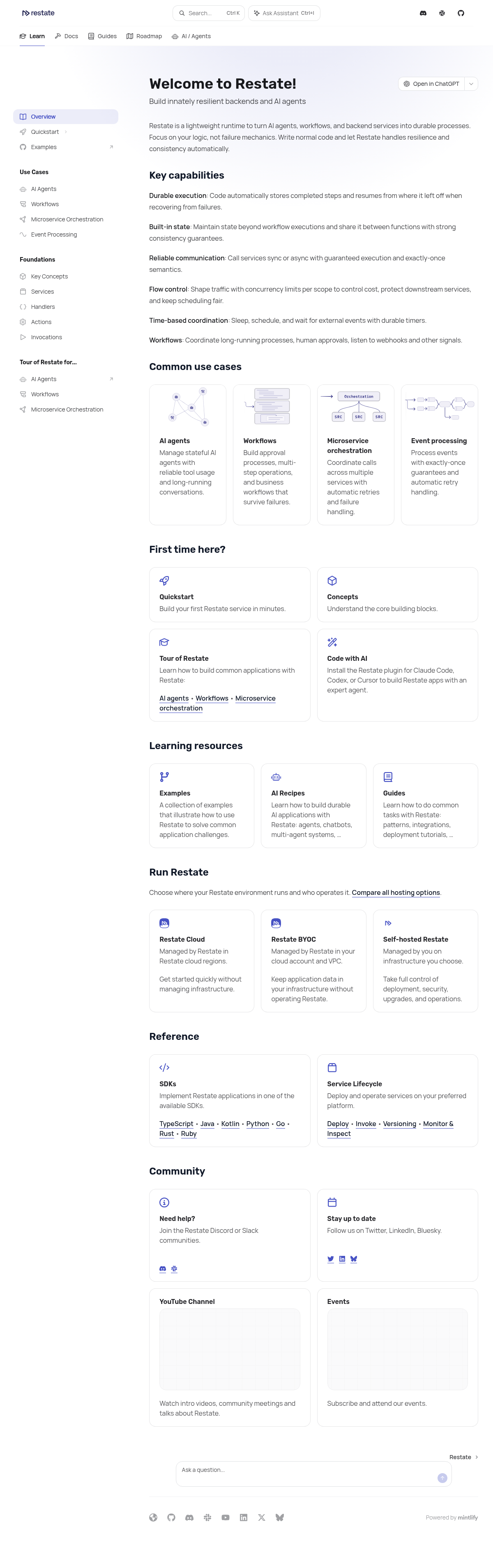 Restate documentation homepage captured 2026-10-14. The numbered notes describe its navigation and starting routes.