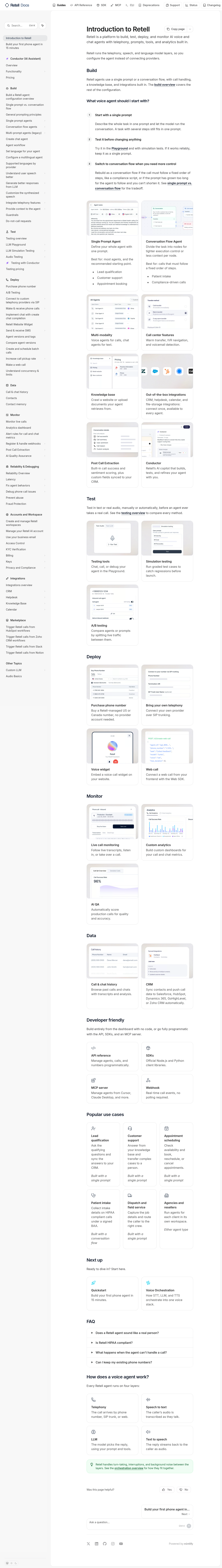 Retell AI documentation homepage captured 2026-10-14. The numbered notes describe its navigation and starting routes.