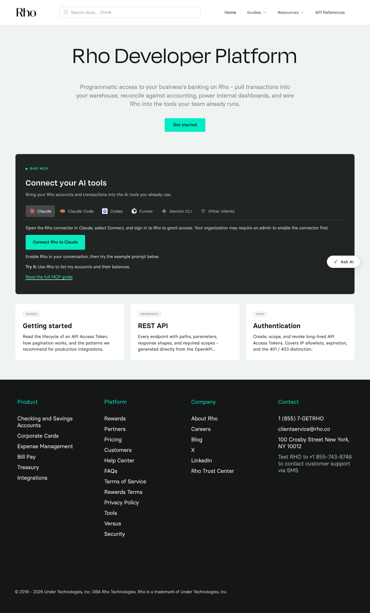 Rho documentation homepage captured 2026-10-14. The numbered notes describe its navigation and starting routes.