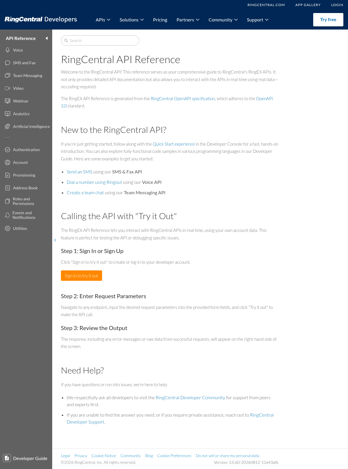 RingCentral APIs documentation homepage captured 2026-10-14. The numbered notes describe its navigation and starting routes.