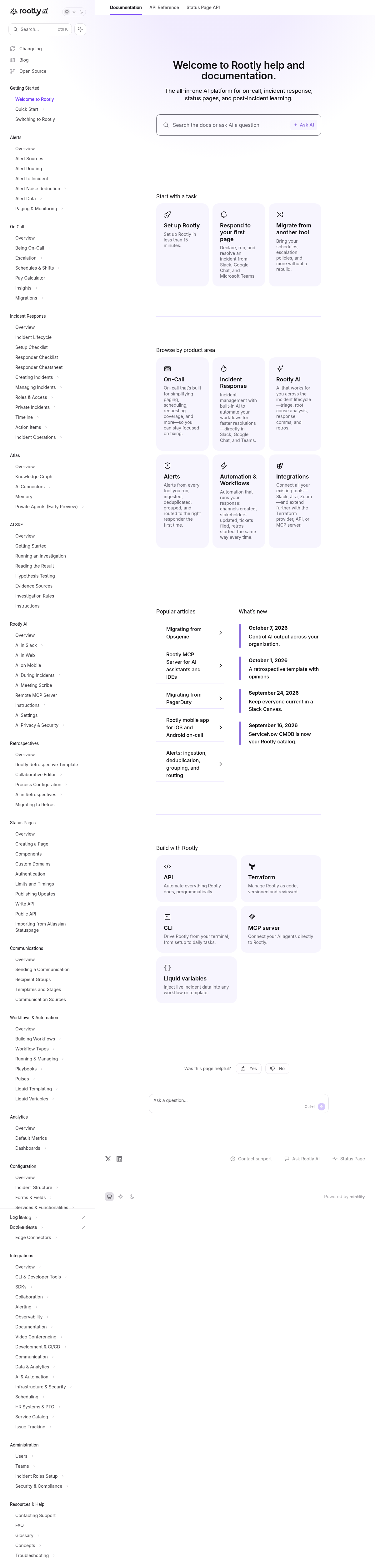 Rootly documentation homepage captured 2026-10-14. The numbered notes describe its navigation and starting routes.