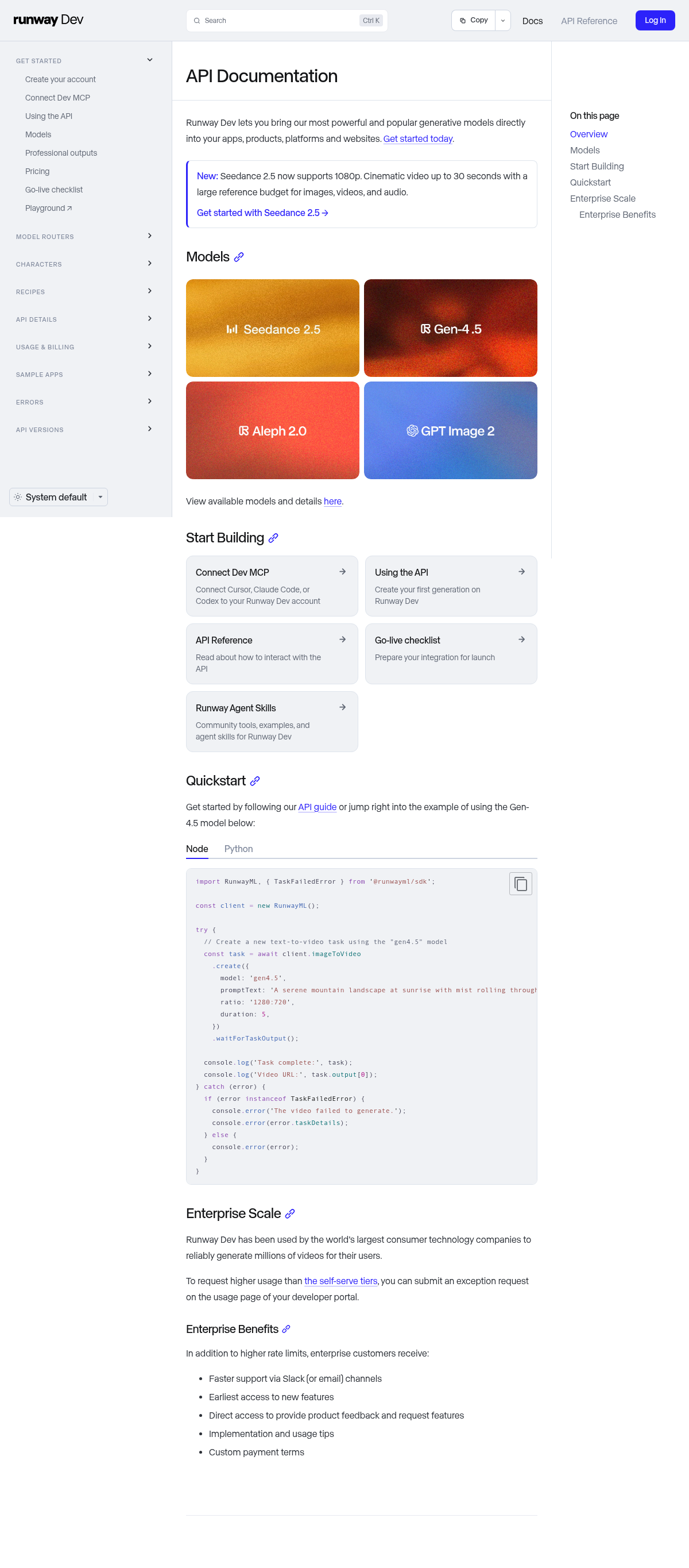 Runway Dev API documentation homepage captured 2026-10-14. The numbered notes describe its navigation and starting routes.