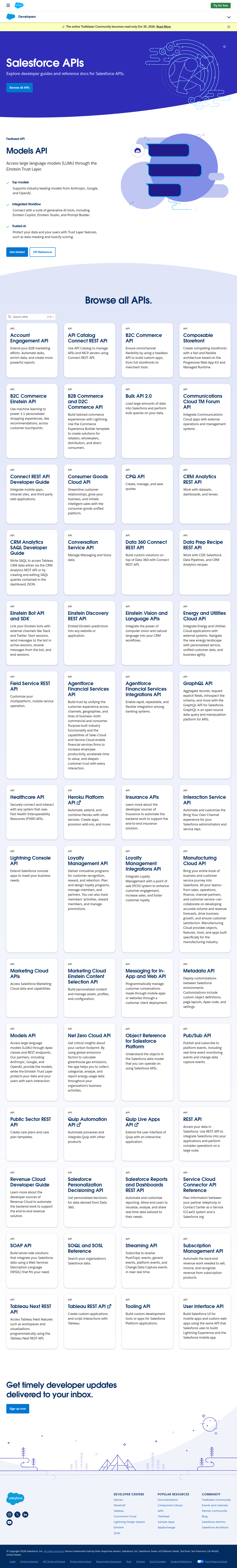 Salesforce API Library documentation homepage captured 2026-10-14. The numbered notes describe its navigation and starting routes.