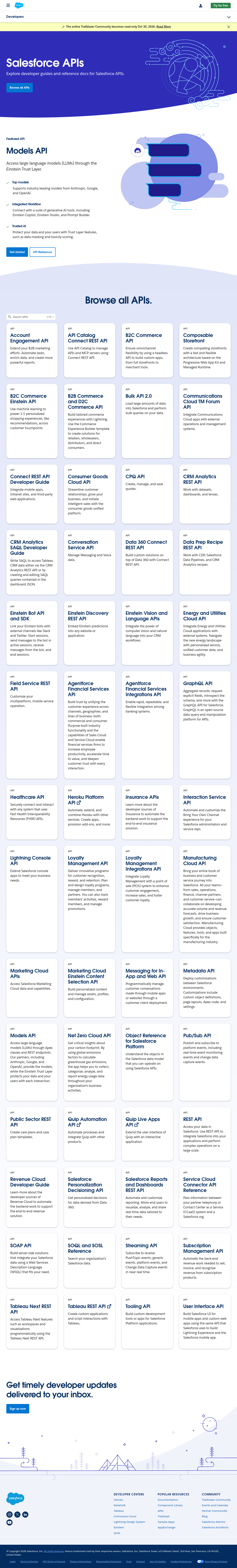 Salesforce APIs documentation homepage captured 2026-10-14. The numbered notes describe its navigation and starting routes.