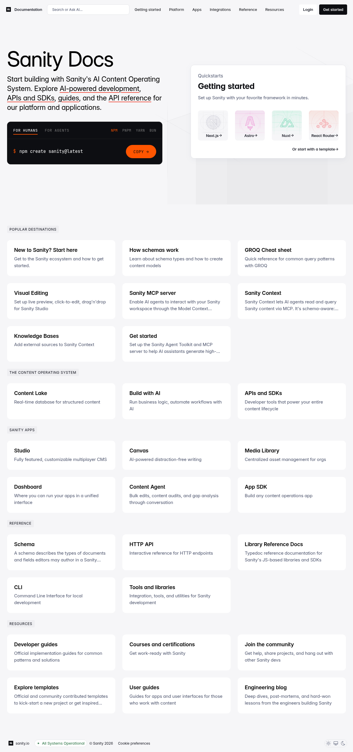 Sanity documentation homepage captured 2026-10-14. The numbered notes describe its navigation and starting routes.
