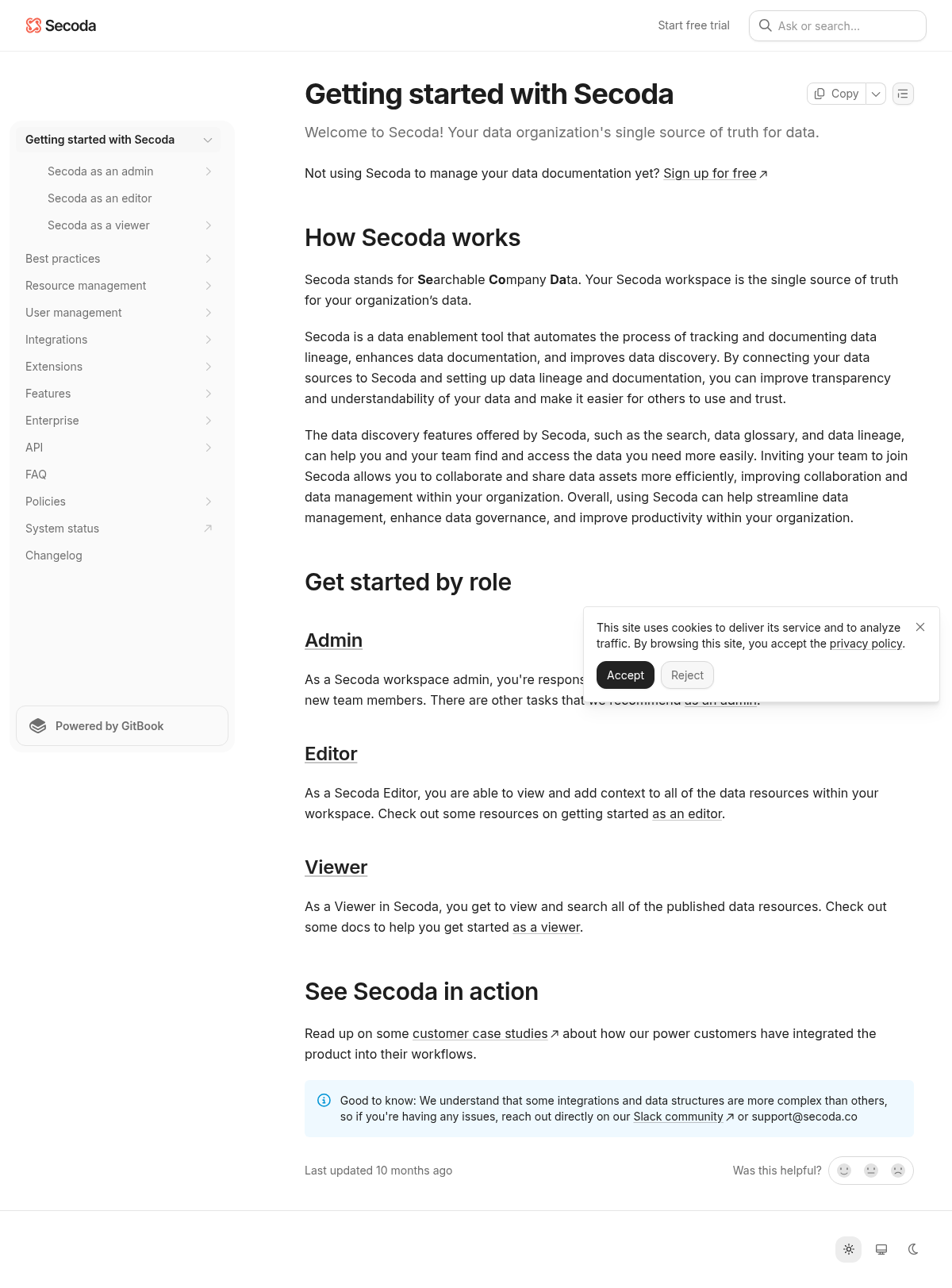 Secoda documentation homepage captured 2026-10-14. The numbered notes describe its navigation and starting routes.