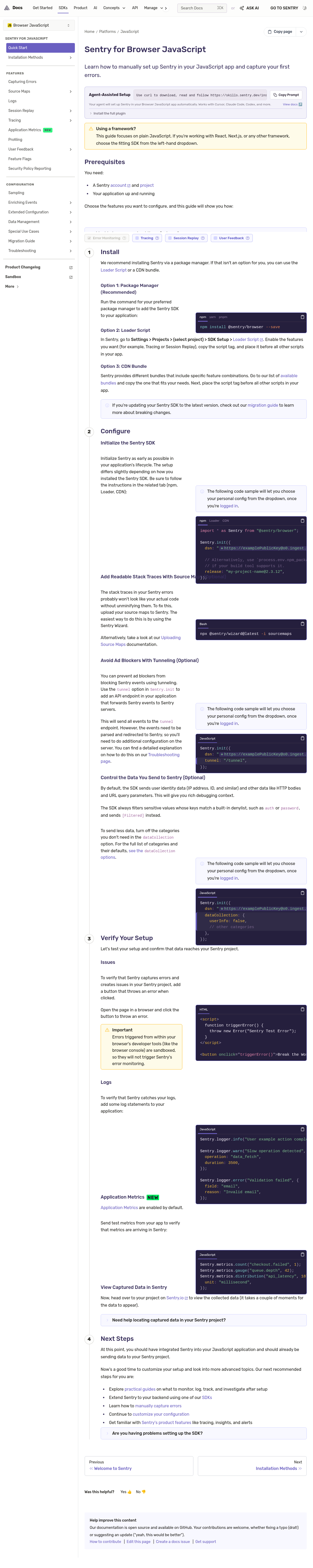 Sentry JavaScript SDK documentation homepage captured 2026-10-14. The numbered notes describe its navigation and starting routes.