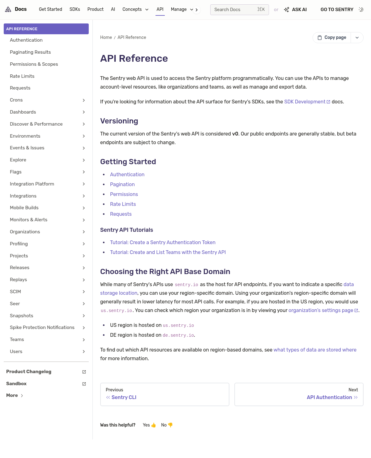 Sentry Web API documentation homepage captured 2026-10-14. The numbered notes describe its navigation and starting routes.