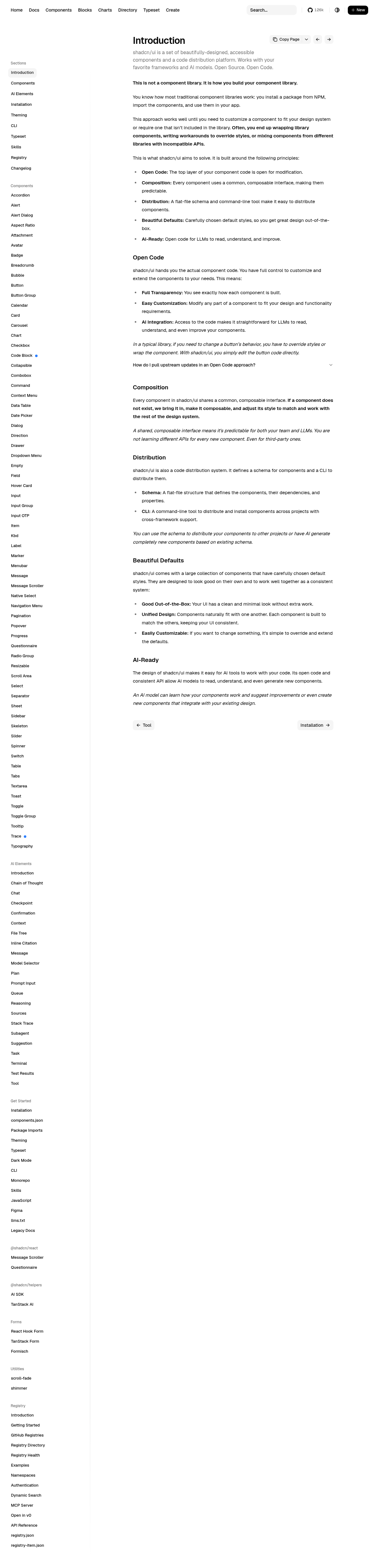 shadcn/ui documentation homepage captured 2026-10-14. The numbered notes describe its navigation and starting routes.